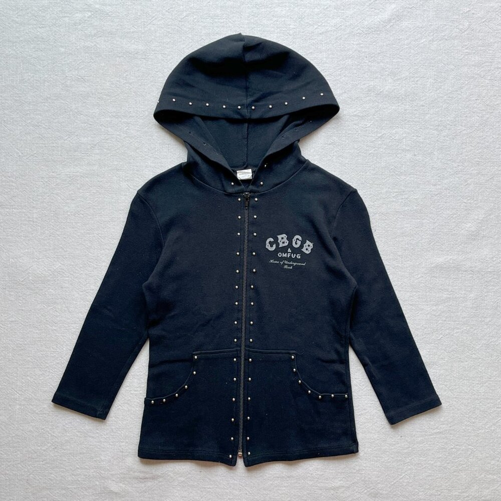 Vintage 90s Women's CBGB & OMFUG Studded Black Zip Up Hoodie Jacket Medium